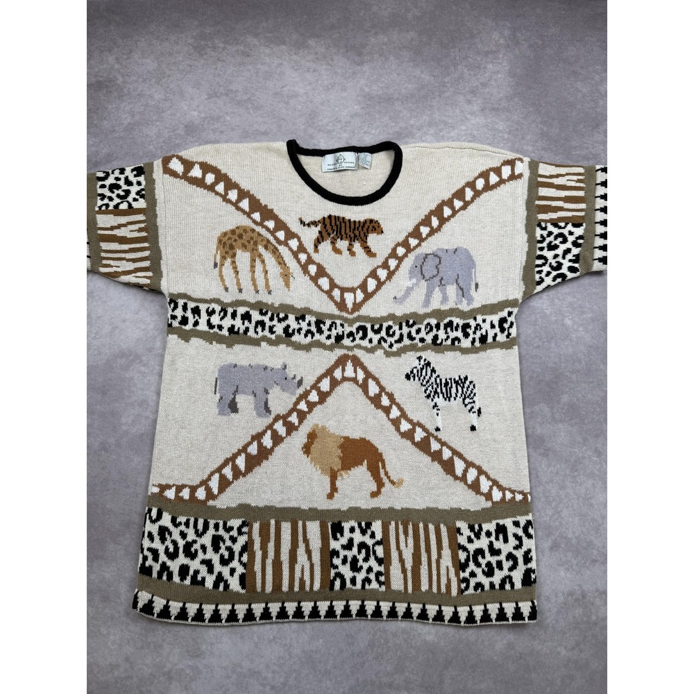 Vintage Design Options‎ Sweater Womens Large Beige Safari Animal Intarsia Knit